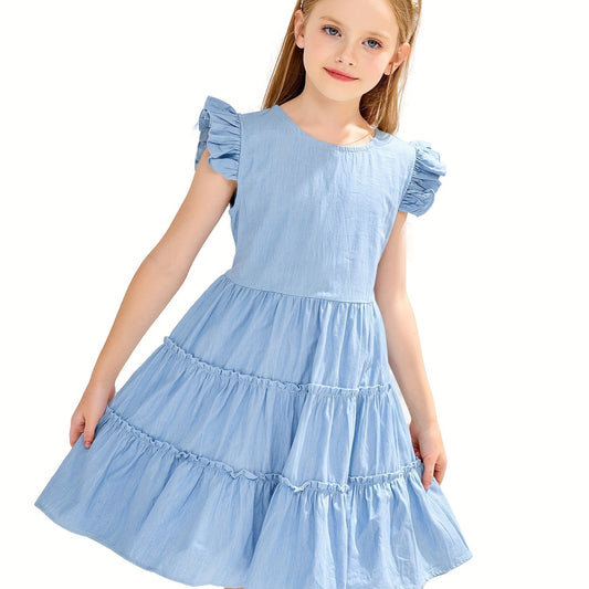 Girls Flutter Sleeve Ruffle A Line Dress Sweet Princess Style Sundress