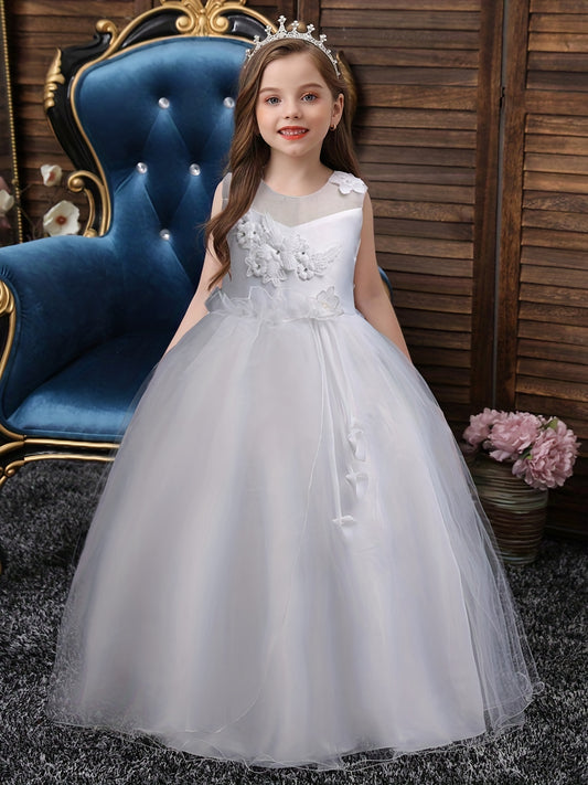 Girls Princess Dress Sleeveless Flower Embroidery Mesh Tutu Dress