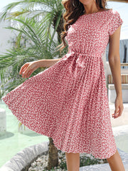 Floral Print Belted Dress Short Sleeve Casual Vacation Dress Spring & Summer