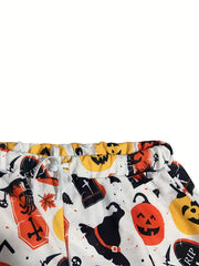  Allover Pumpkin & Witch Print Stretch Trousers With Pockets
