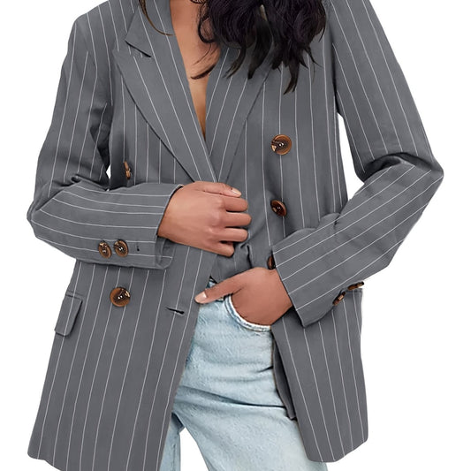 Striped Print Lapel Blazer Open Front Long Sleeve Outerwear
