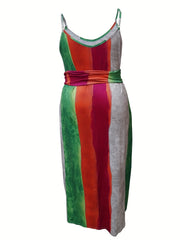Plus Size Colorblock Maxi Cami Dress with Belt