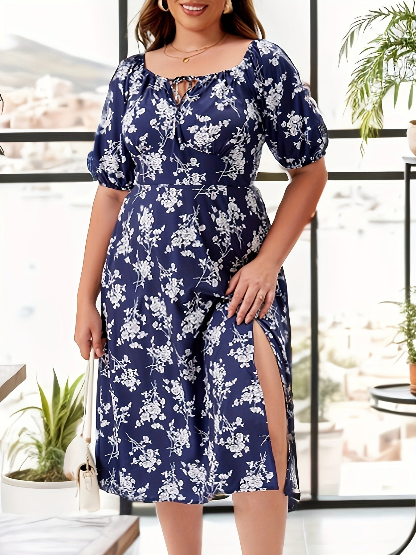  Floral Bubble Sleeve Square Neck Knot Midi Dress