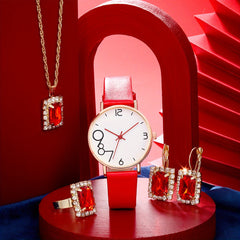 Fashionable High School Digital Red Leather Quartz Watch Set
