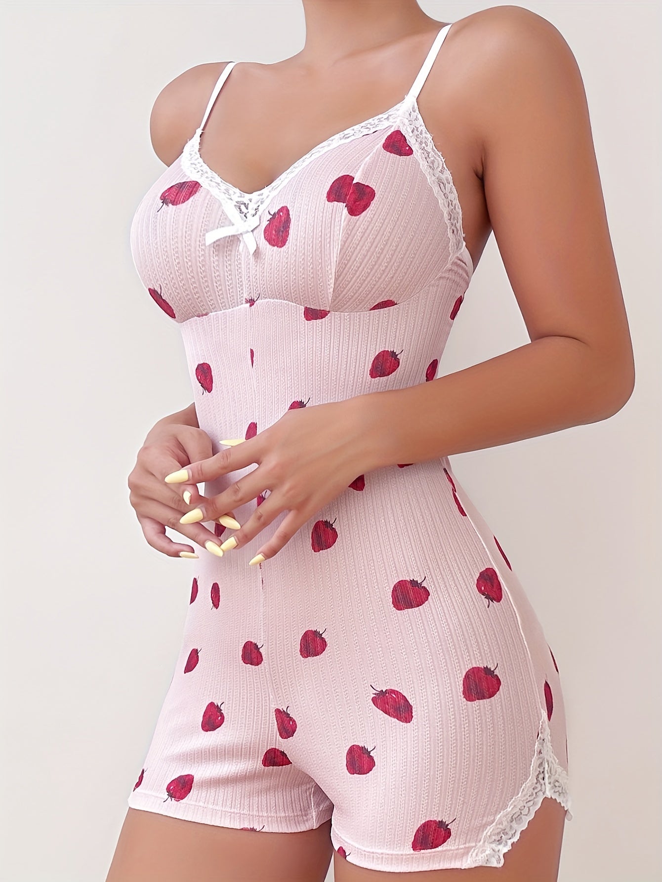 Strawberry Print Pajama Romper Lace Trim V Neck Slip Pajamas