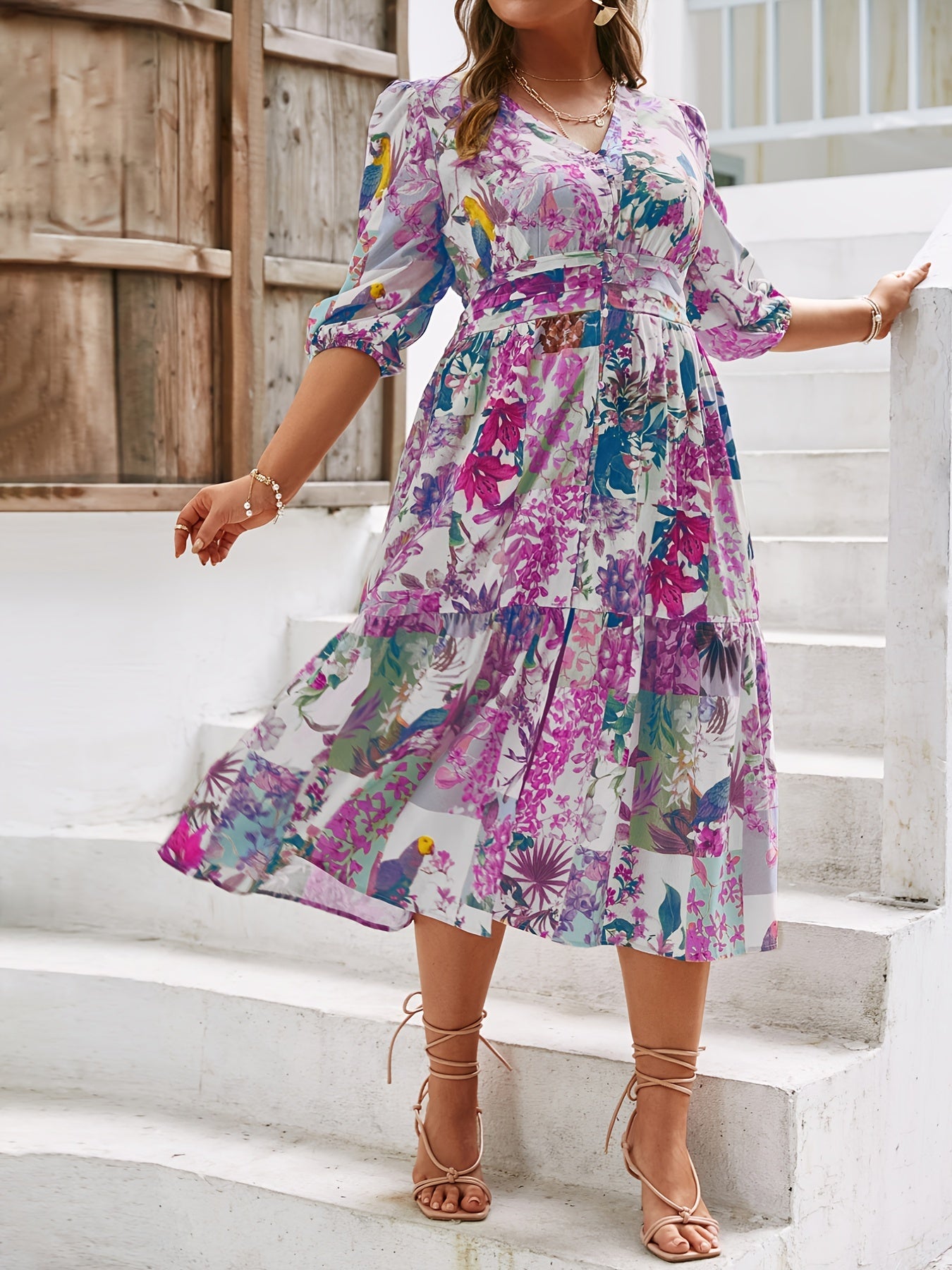 Floral Print V Neck Puff Sleeve Maxi Dress Women's Plus Size