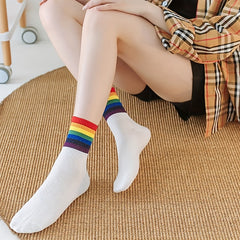 Rainbow Striped Trim Socks & Funny Crew Mid Tube Socks Women's Stockings