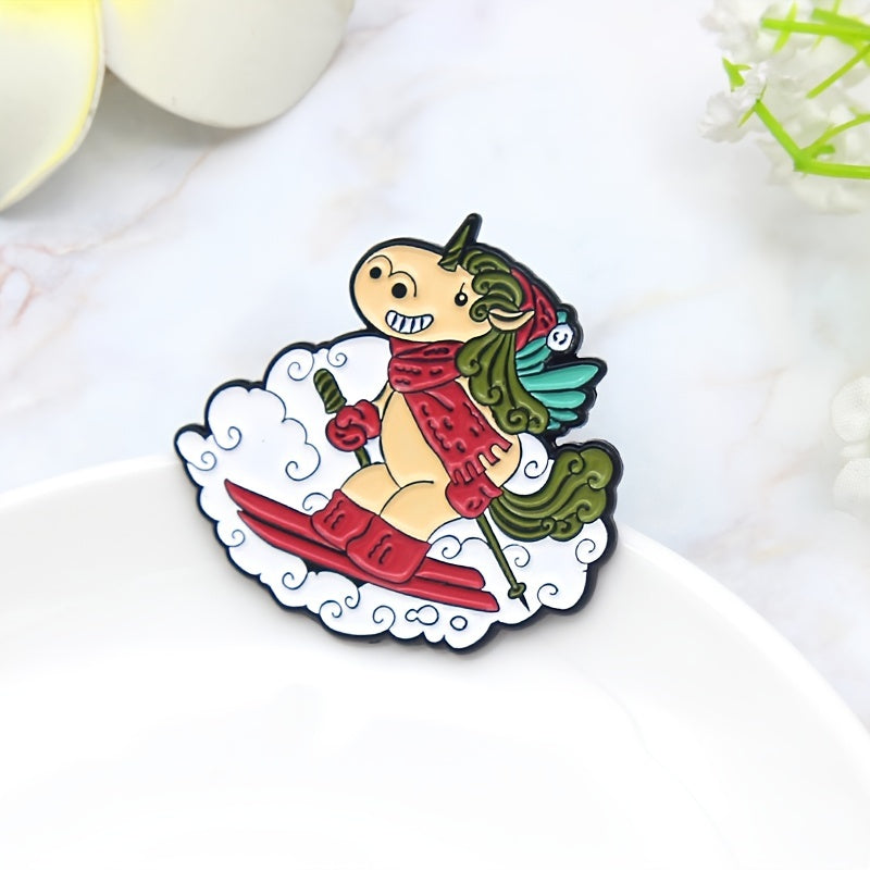 Winter Ski Sled Unicorn Red Scarf Horse Cartoon Brooch