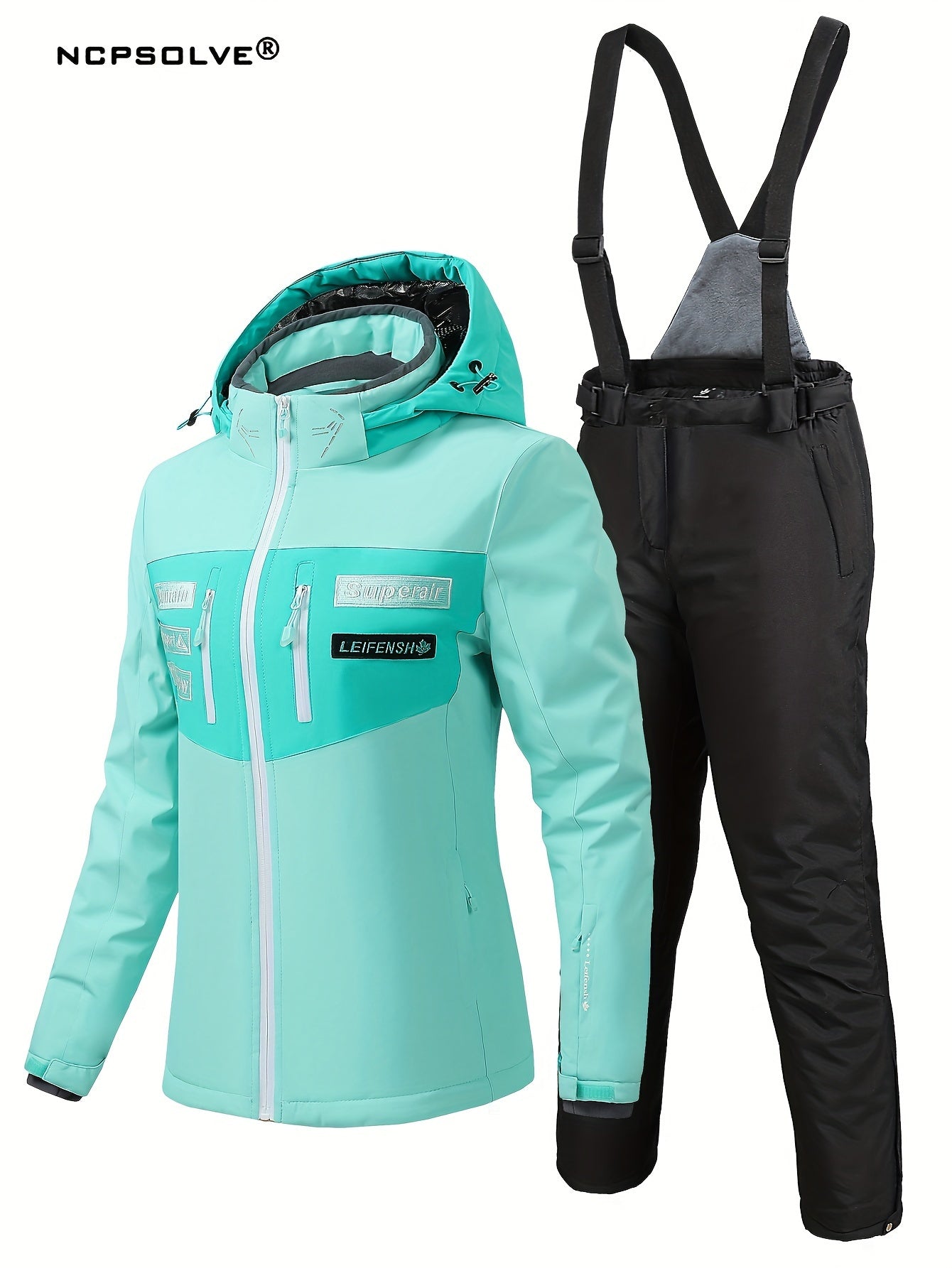 Letter Pattern Ski Set Zip Pocket Hooded Jacket & Suspender Trouser Suit