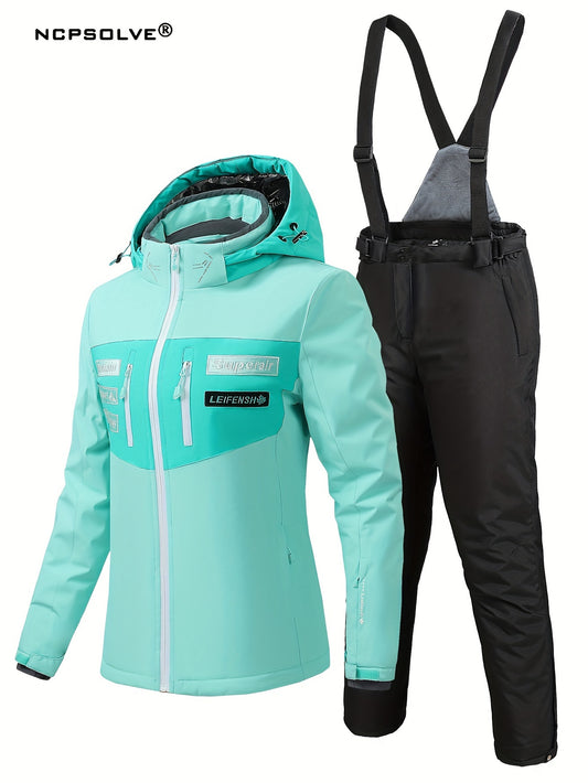Letter Pattern Ski Set Zip Pocket Hooded Jacket & Suspender Trouser Suit