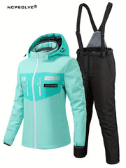 Letter Pattern Ski Set Zip Pocket Hooded Jacket & Suspender Trouser Suit