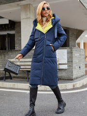 Solid Parka Zip Up Hooded Outerwear Women's Clothing