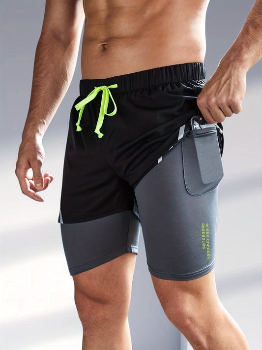 Men's Double Layer Sports Shorts With Zipper Pocket - Summer Workout Gear
