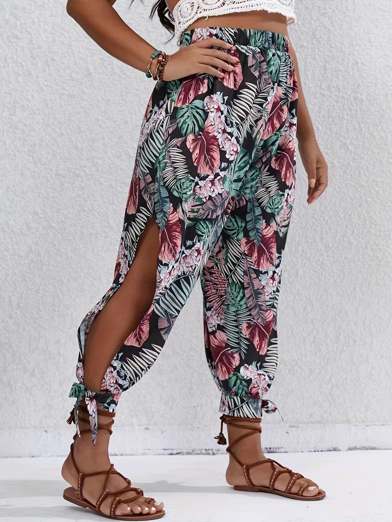  Boho Pants Women's Plus Tropical Print Elastic High Rise Trousers