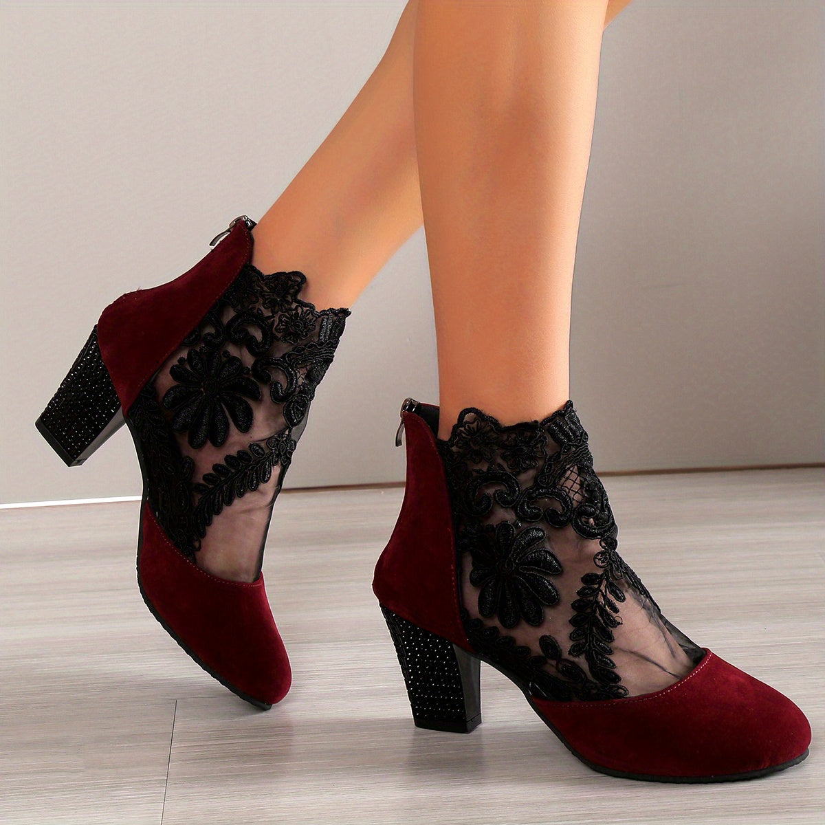 Women's Mesh Block Heel Boots Embroidered Back Zip Ankle Boots