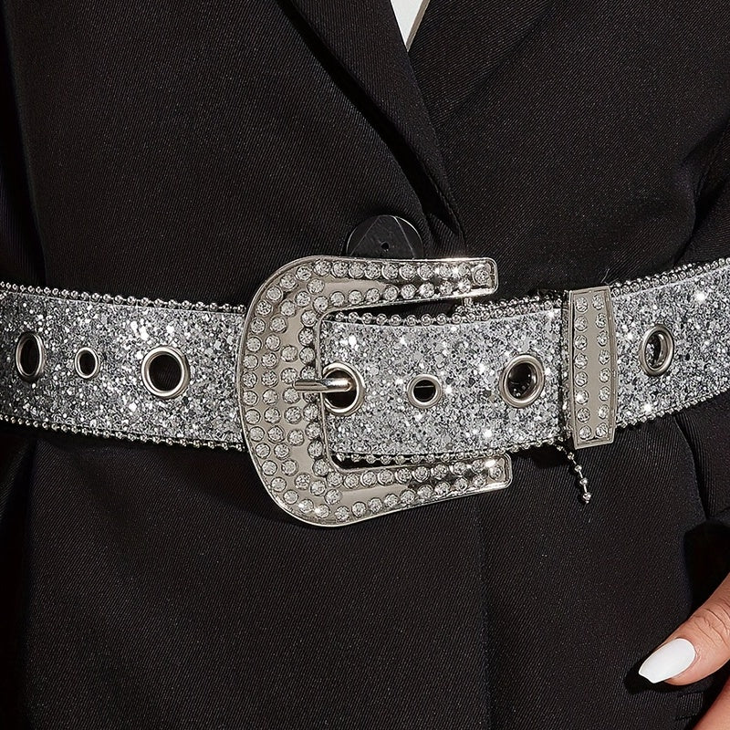 Sequin Glitter Rhinestone Eyelet Belt for Women