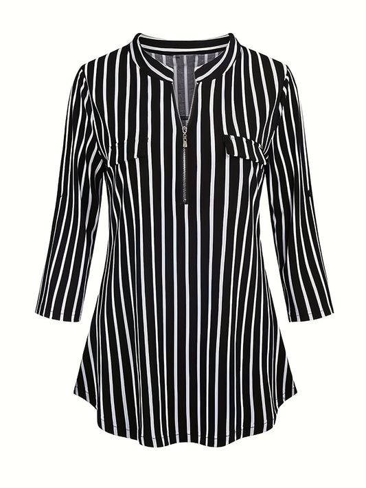  Stripe Print Half Zipper V Neck Top