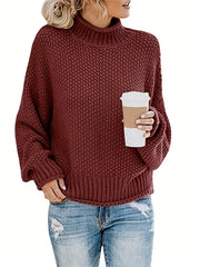 Solid Bat Sleeve Mock Neck Knitted Pullover Sweater