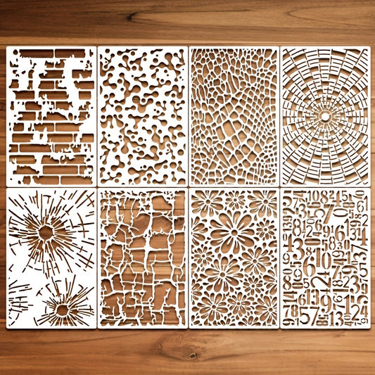 8pcs Reusable Painting Stencil Molecules Abstract Bricks Crocodile Irreg