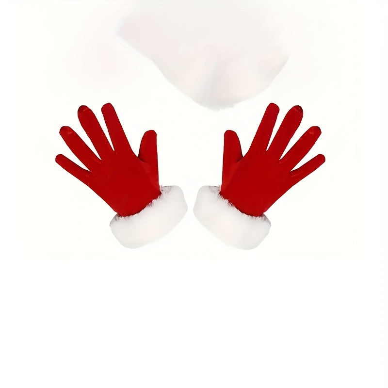 Christmas Hat Gloves Outfit Red Knitted Fabric Hand Washable