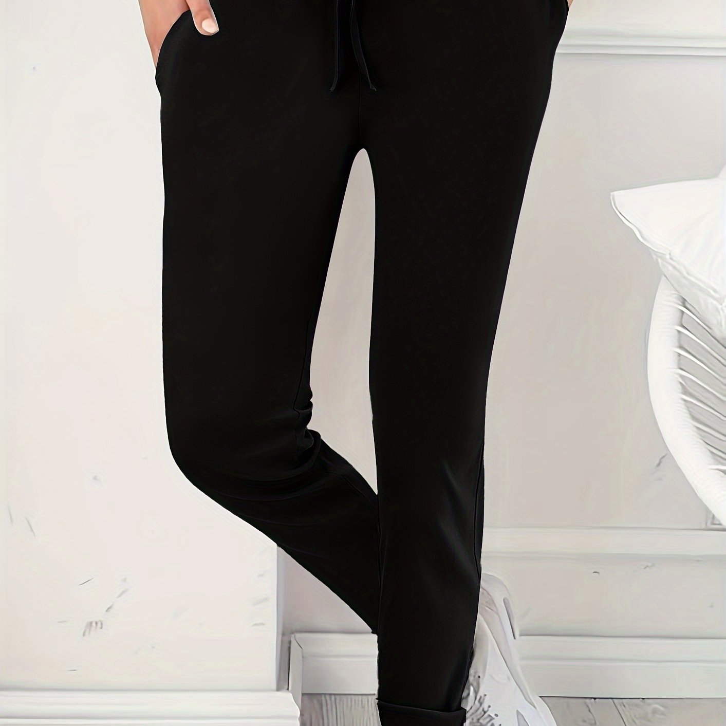 Solid Elastic High Rise Trousers With Pockets