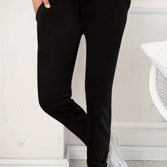  Solid Elastic High Rise Trousers With Pockets
