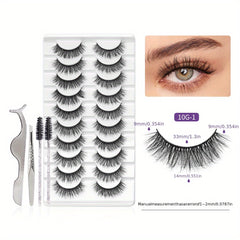 10 Pairs Volume False Eyelashes Set + Tweezers & Brushes