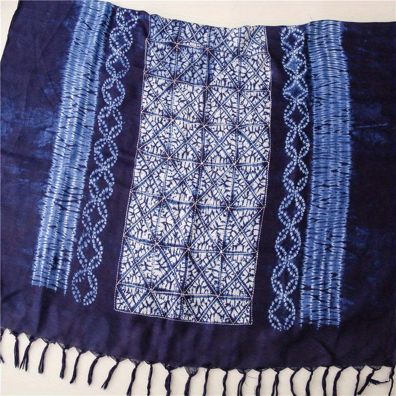 Tie Dyed Tassel Scarf Vintage Print Shawl Boho Windproof Head Wrap