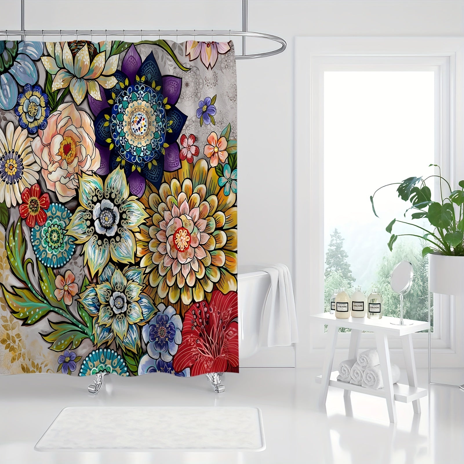 Colorful Floral Shower Curtain with 12 Hooks