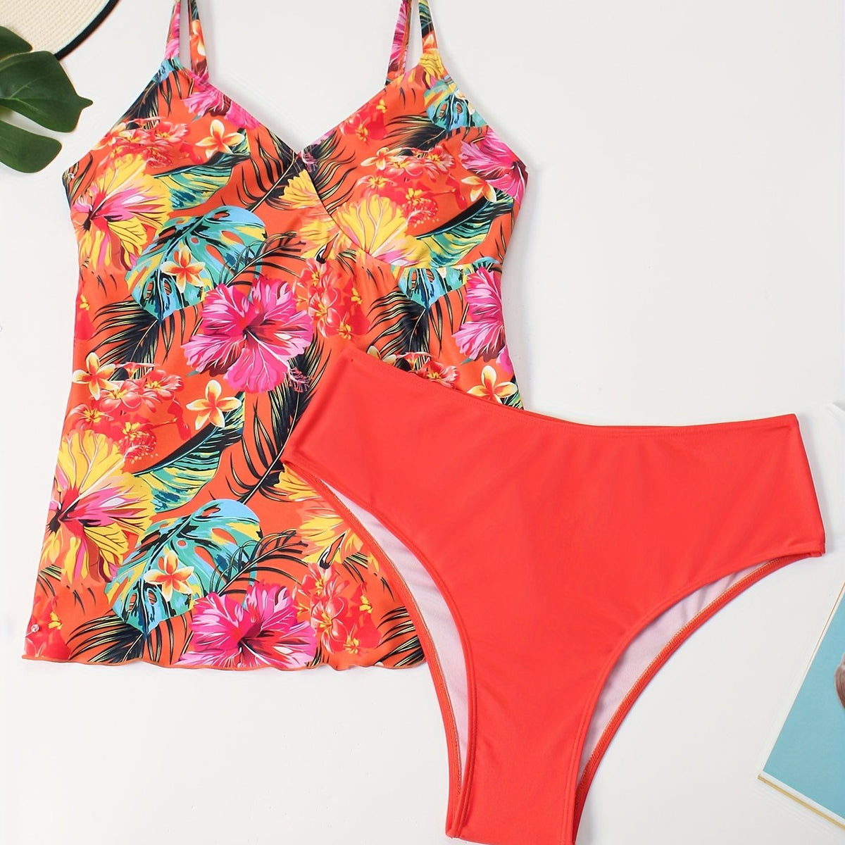  Boho Tankini Set Tropical Print V Neck Cami Top & Solid Panty Swimsuit