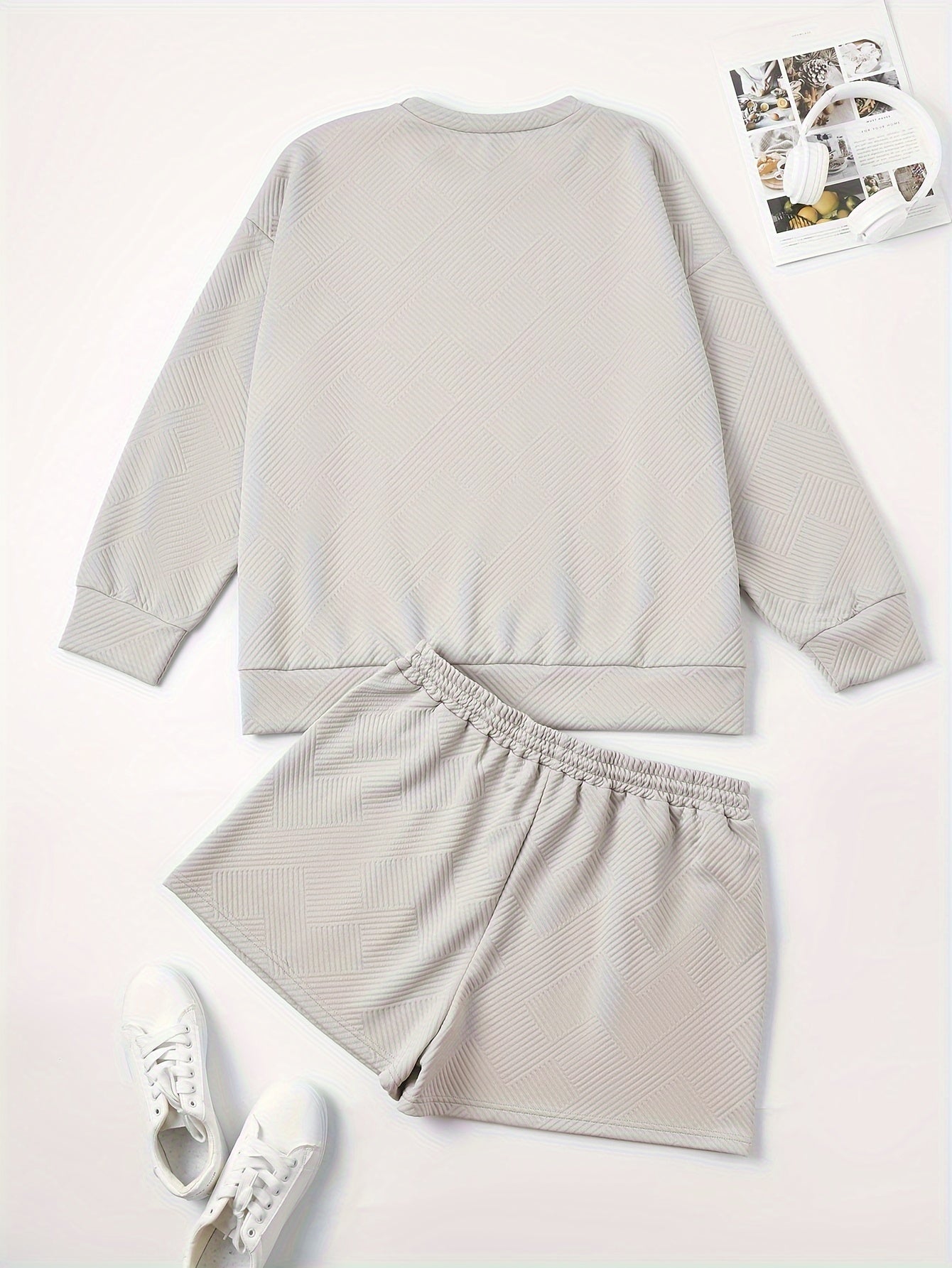  Textured Long Sleeve Top & Tie Waist Shorts Set