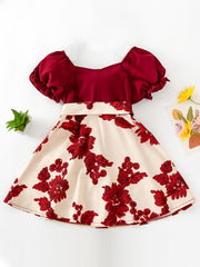 Girls Summer Party Dress Flower Print Puff Sleeves