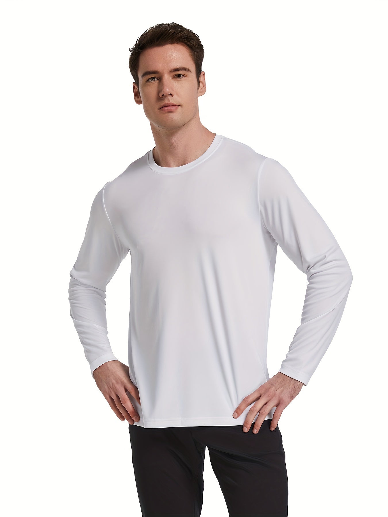 2pcs Men's Solid Crew Neck Long Sleeve Active UPF50 T shirt Tee