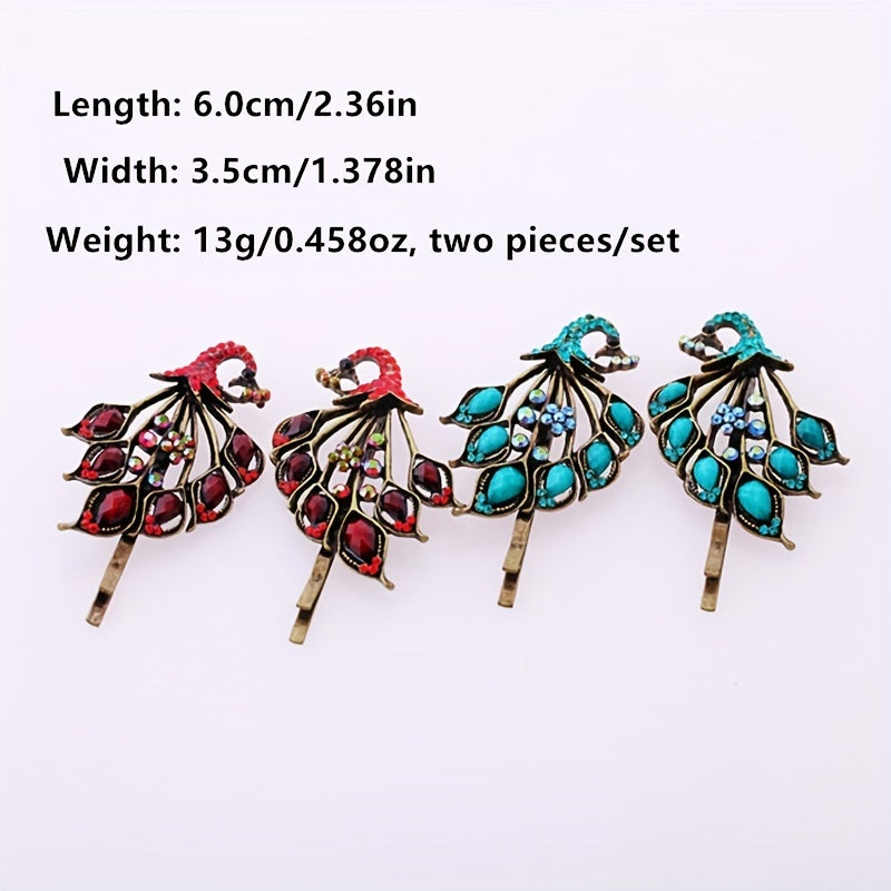 Vintage Peacock Hairpins Set Resin Rhinestones Retro Style Golden Hair Clip