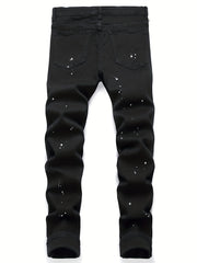 Patterned Ripped Straight Slim Fit Denim Jeans