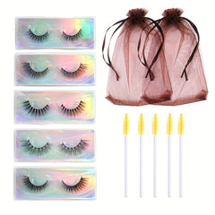 5 Pairs Natural Thick False Eyelashes C Curling with Brushes & Bag