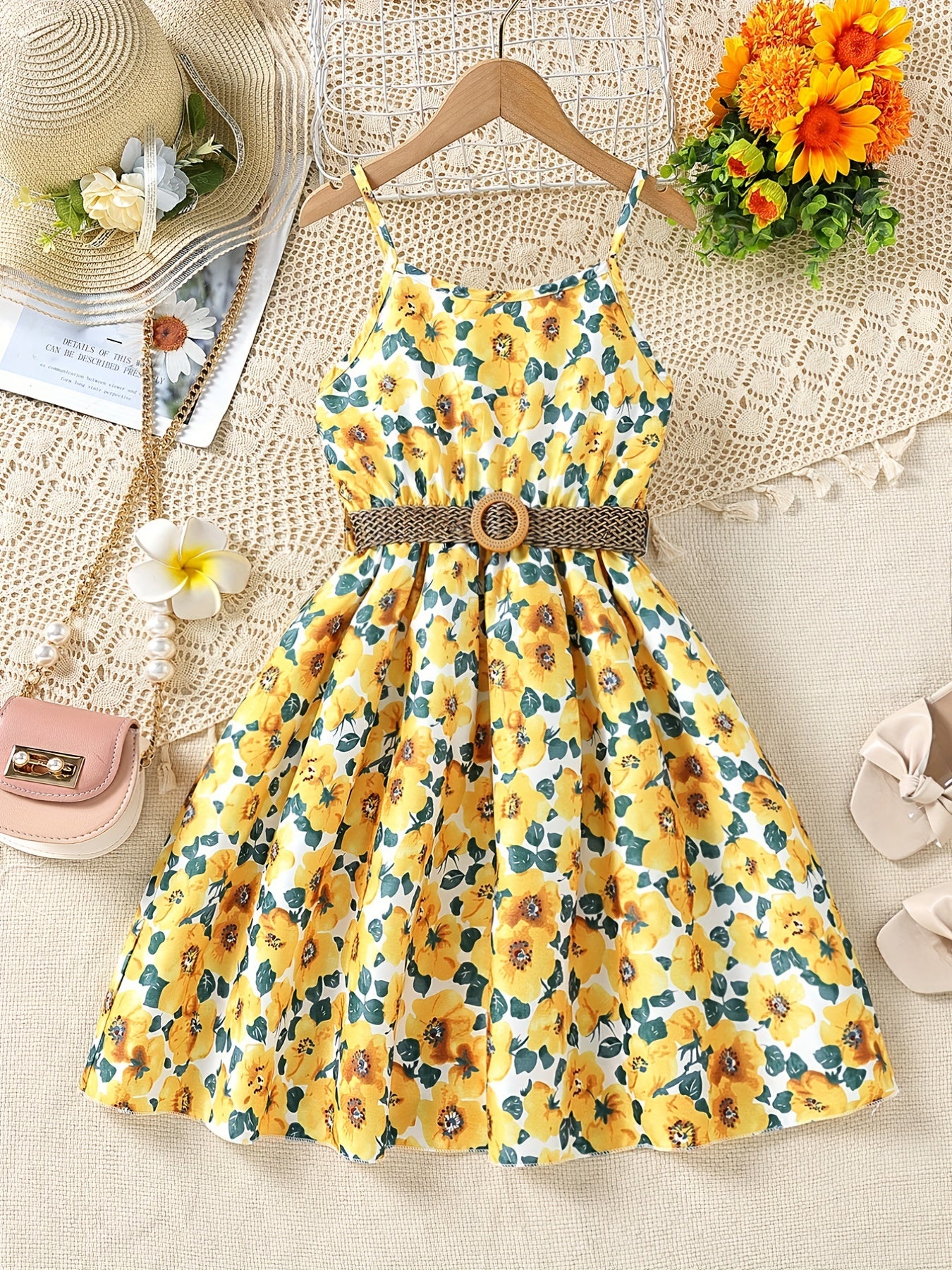Girls Sunflower Graphic Cami Dress for Summer Beach Party