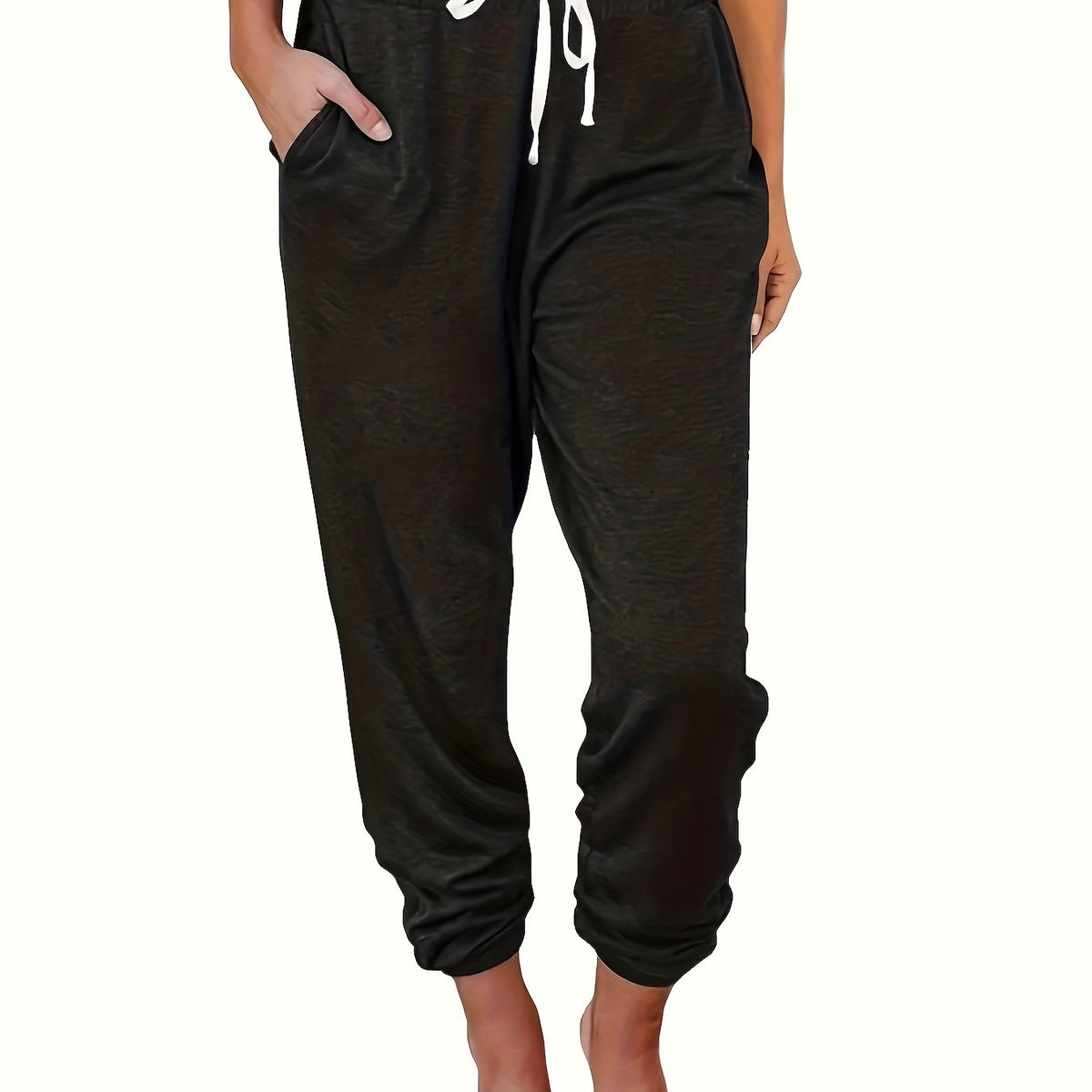 Women's Plus Solid Drawstring Elastic High Rise Jogger Trousers