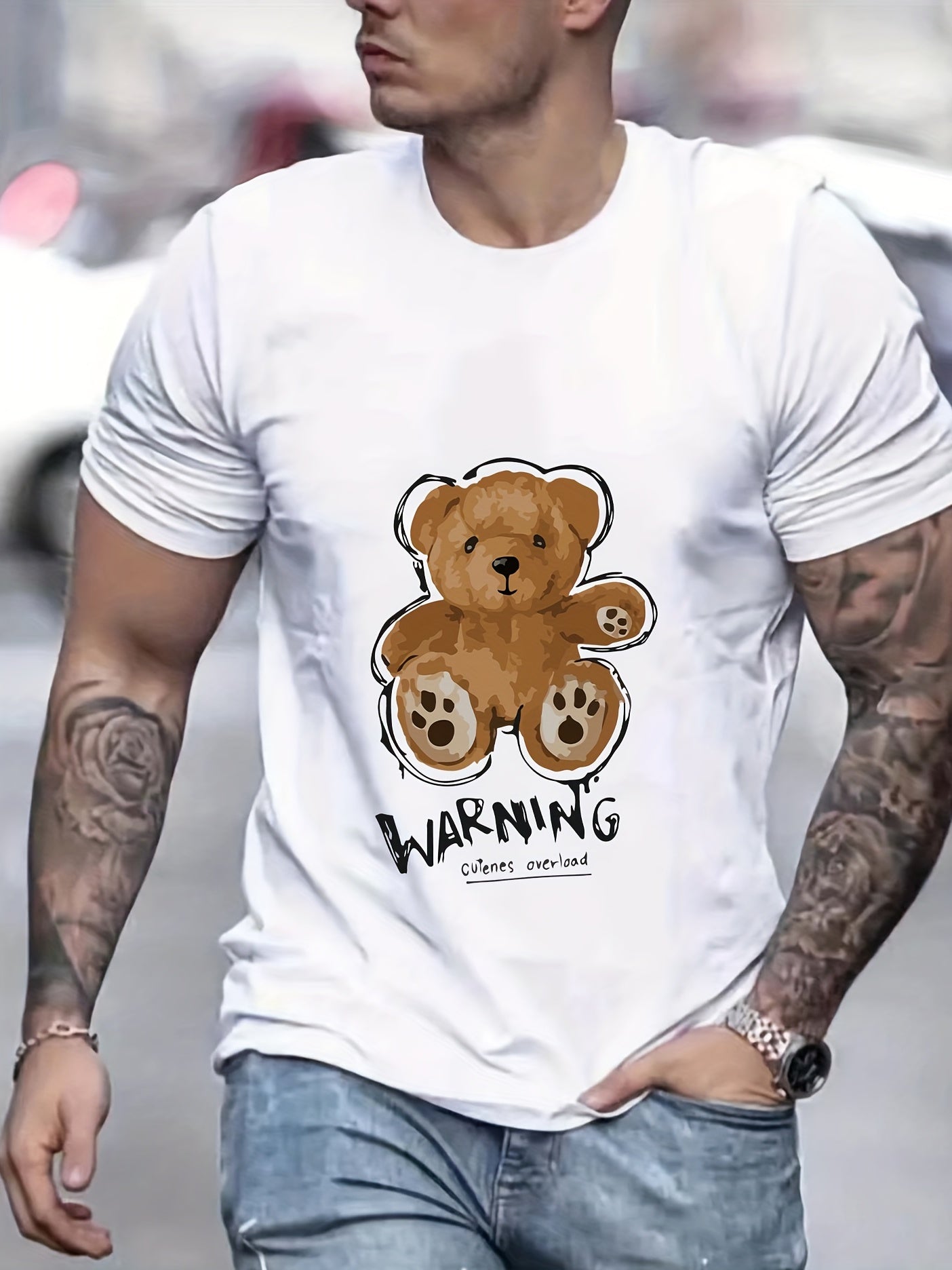 Teddy Bear Print Men's Graphic Crew Neck Tshirt for Summer Vacation