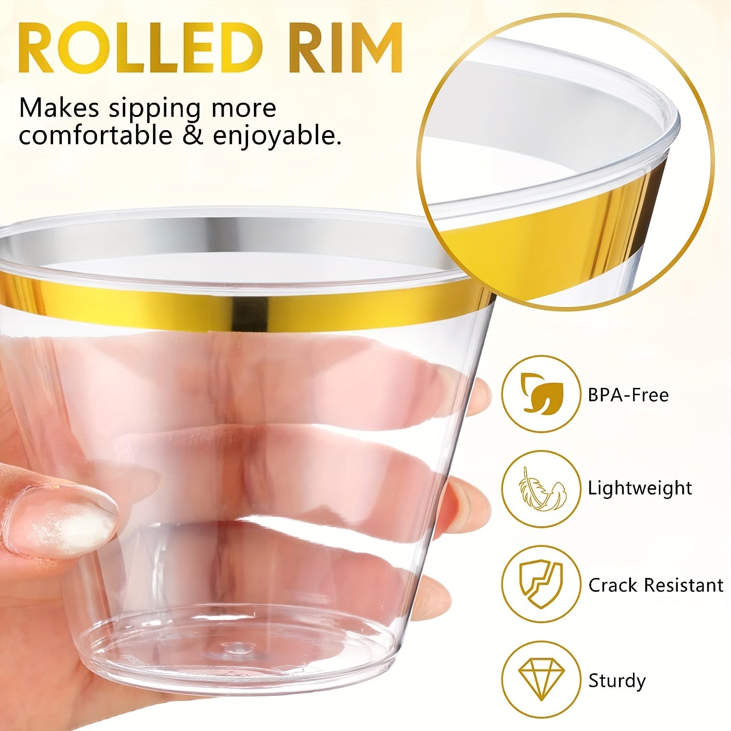 30pcs Clear Plastic Cups With Golden Rim 9oz