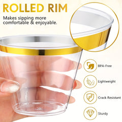 30pcs Clear Plastic Cups With Golden Rim 9oz