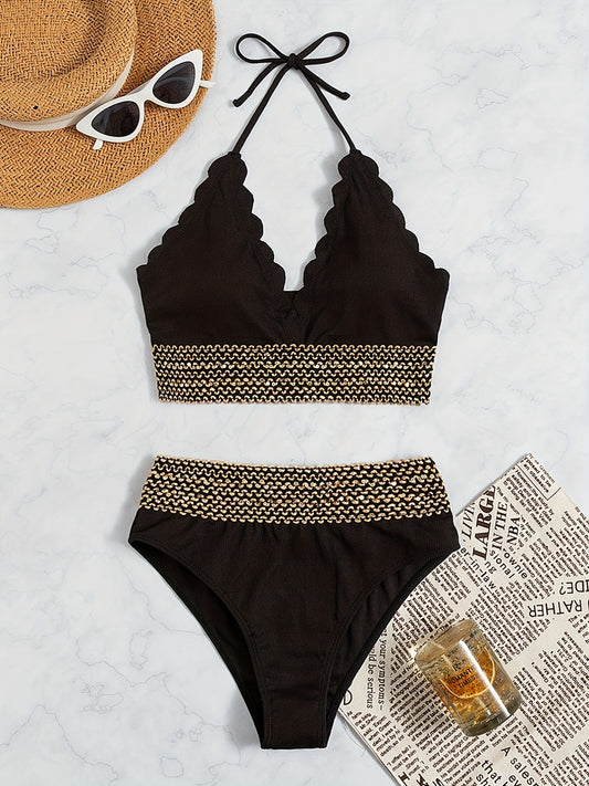 Scallop Trim Halter V Neck Bikini Set