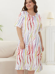  Tie Dye Striped Short Sleeve Nightdress High Stretch Tee Sleep Dress