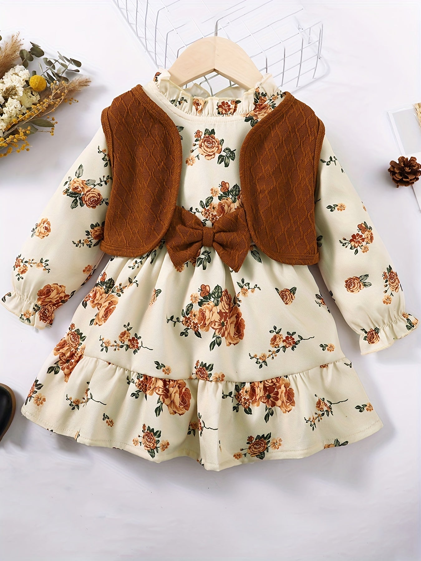 2pcs Toddler Girls Knit Vest Floral Dress Set