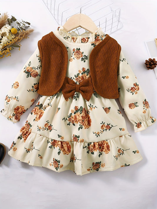 2pcs Toddler Girls Knit Vest Floral Dress Set