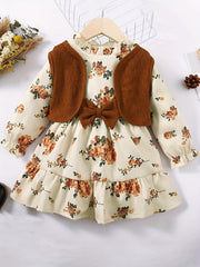 2pcs Toddler Girls Knit Vest Floral Dress Set