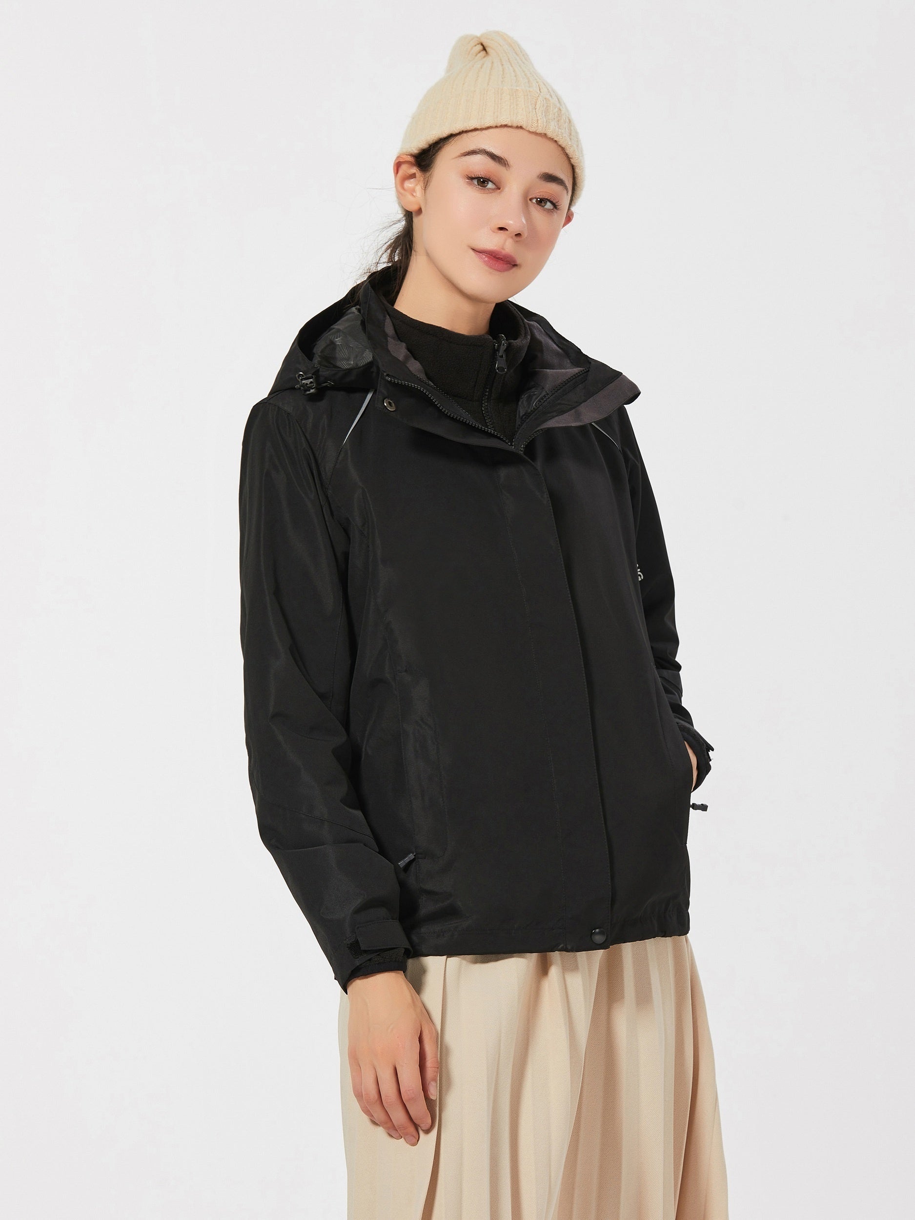 Women's 3 in 1 Hooded Jacket Set Waterproof Windproof Fleece for Outdoor