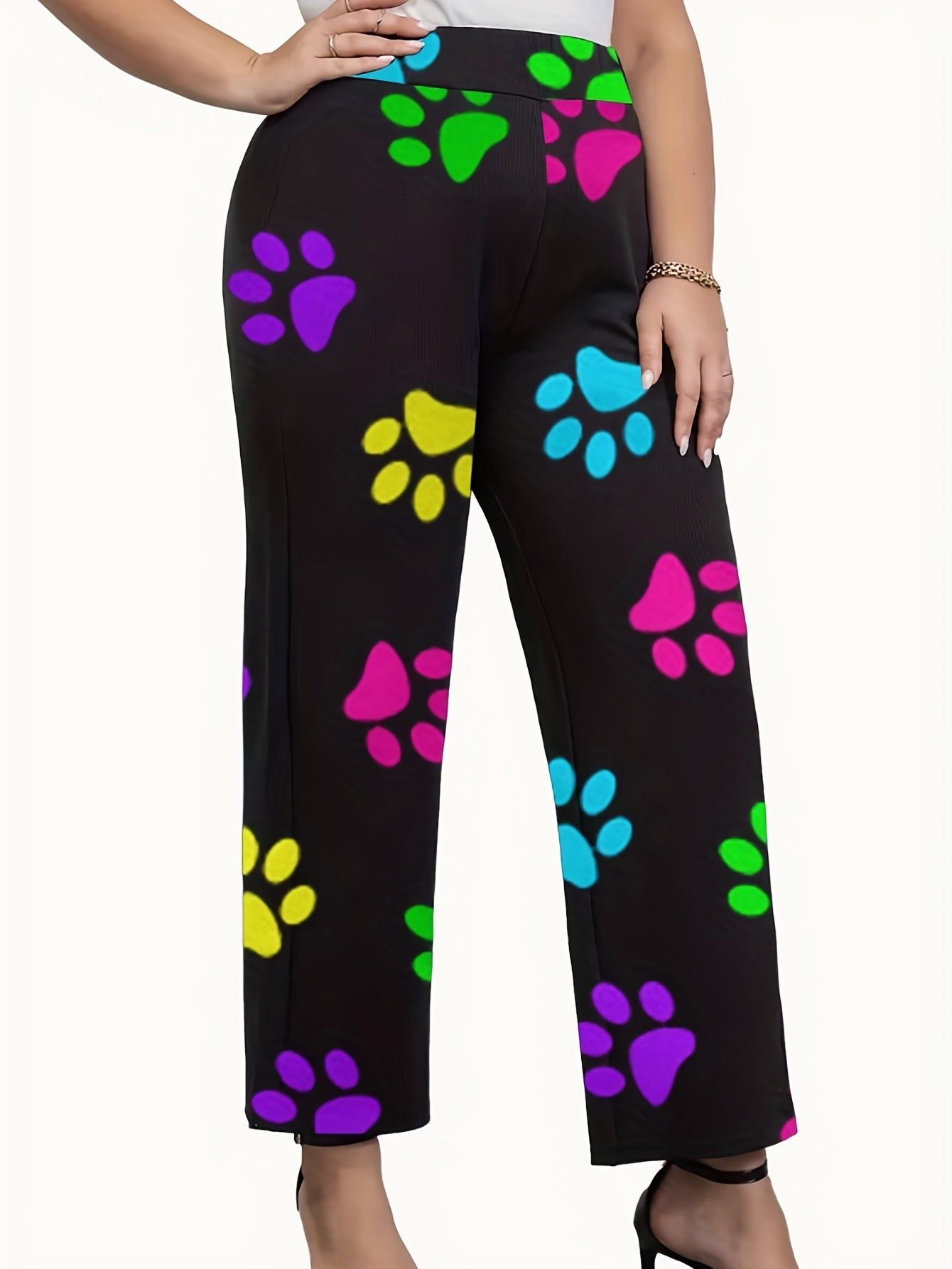  Colorful Paw Print Wide Leg Trousers