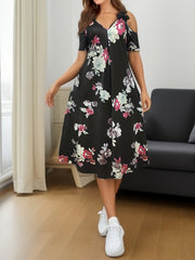  Floral Print Lace Cold Shoulder Maxi Dress