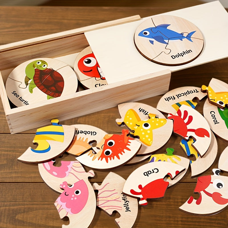 Ocean Animals Puzzle Wooden Box Set - Educational and Multifunctional